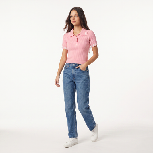 Pink Ribbed Polo Knit Top